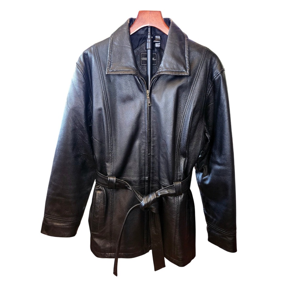 Outbrook‎ Leather Coat Womens Large 14/16 Black Attached Belt Zip Up Coat